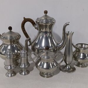 Royal Holland Pewter 7PC Set with Tea, Coffee, Salt & Pepper, Creamer, Vase